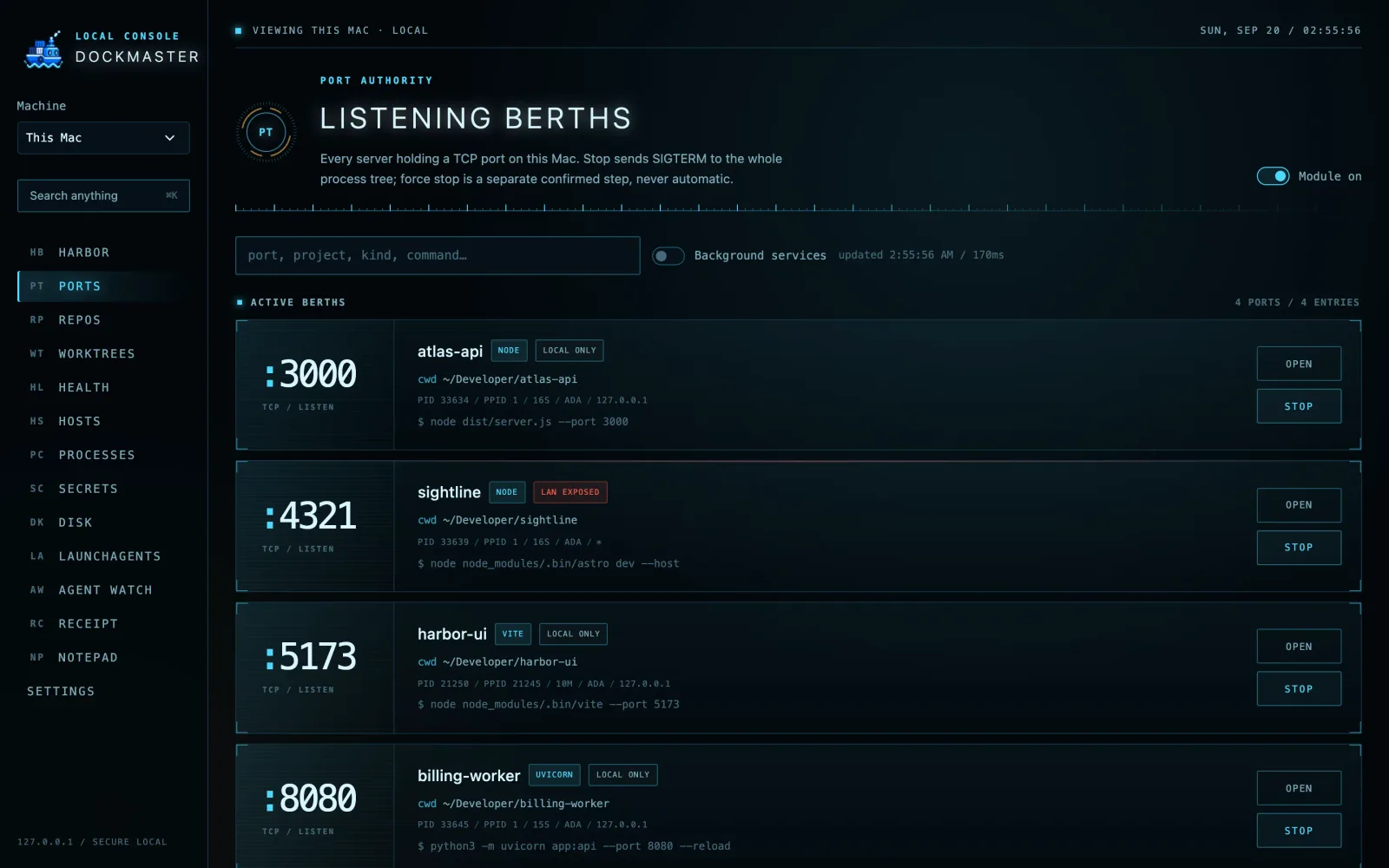 Ports: every listening dev server, with a guarded stop